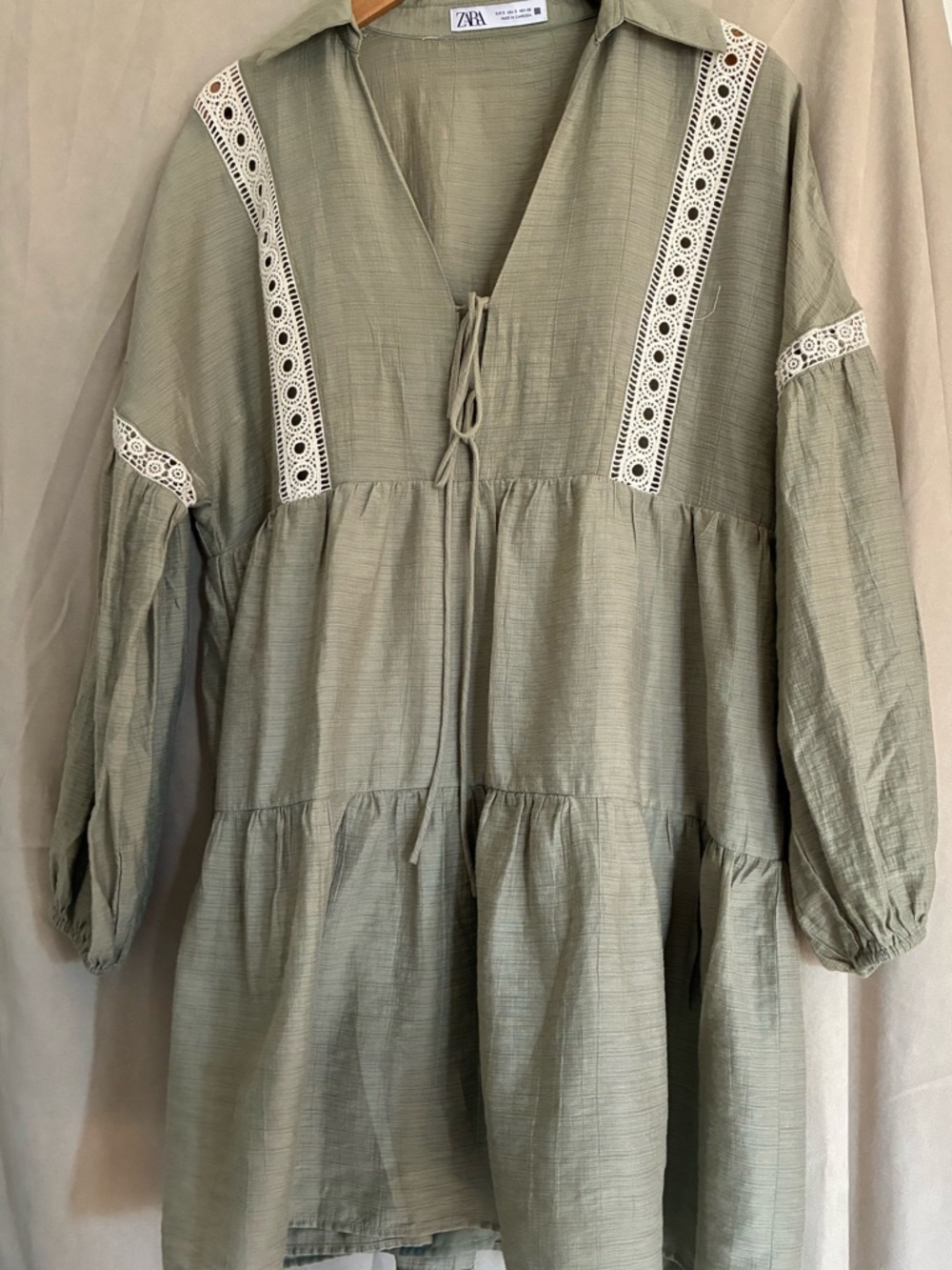 Zara Olive Green Long Sleeve Tiered Mini Dress - Picture 2 of 8